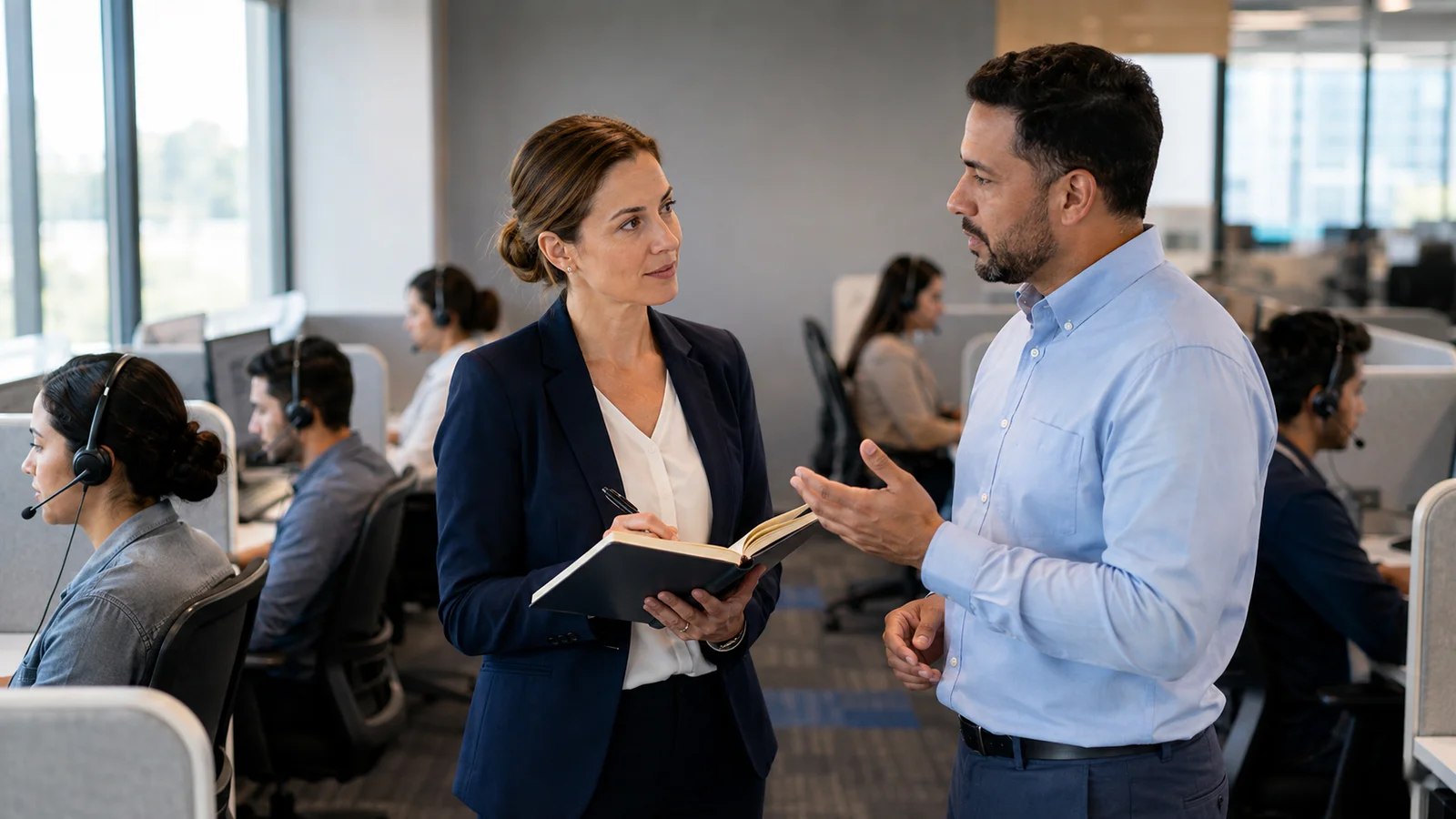 Editorial illustration of a consultant and team leader reviewing contact center operations
