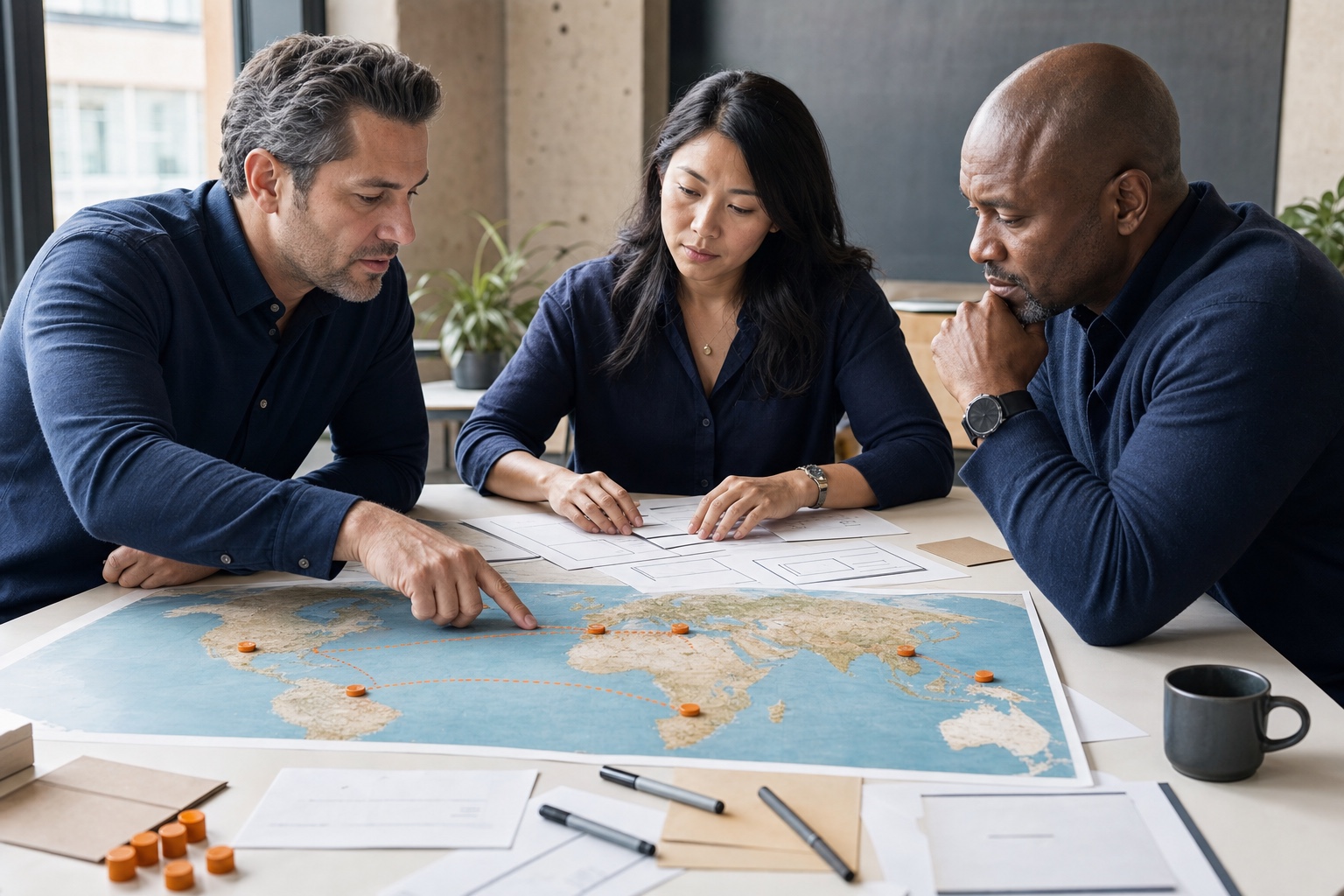 A team comparing global delivery locations on a map